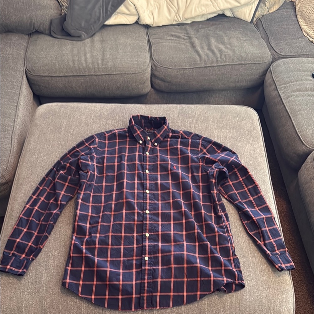 Men's Navy and Red Checkered Ralph Lauren Polo Shirt